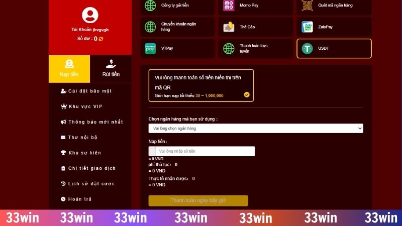 Hướng dẫn nạp tiền 33WIN - Cập nhật quy trình nhanh chóng 2 Nạp tiền bằng USDT được 33WIN hỗ trợ