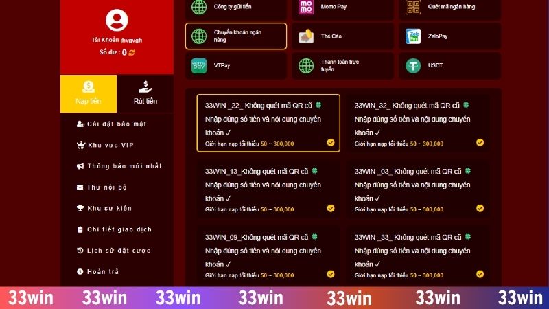 Hướng dẫn nạp tiền 33WIN - Cập nhật quy trình nhanh chóng 1 Ngân hàng là kênh nạp tiền 33WIN thuận tiện